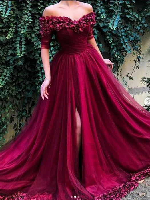 A-Line/Princess 1/2 Sleeves Off-the-Shoulder Sweep/Brush Train Ruffles Tulle Dresses - Prom Dresses