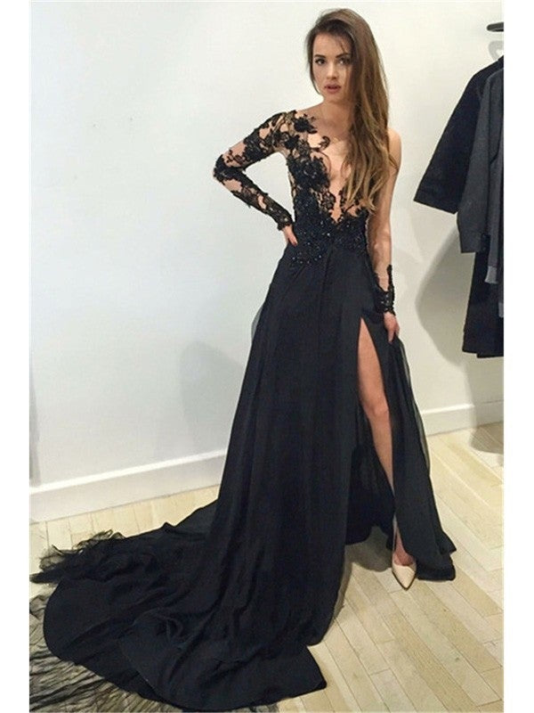 A-Line/Princess Bateau Long Sleeves Lace Chiffon Court Train Dresses - Prom Dresses