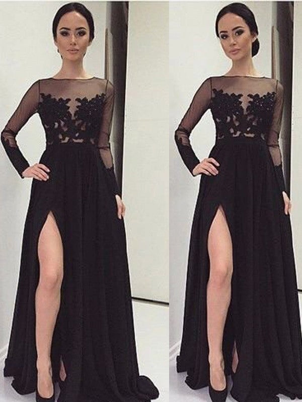 A-Line/Princess Bateau Long Sleeves Lace Floor-Length Chiffon Dresses - Prom Dresses