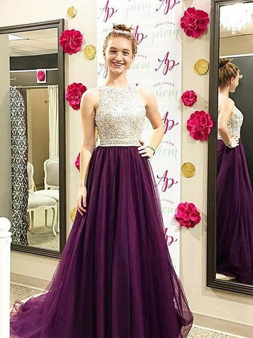 A-Line/Princess Bateau Sleeveless Sweep/Brush Train Beading Tulle Dresses - Prom Dresses