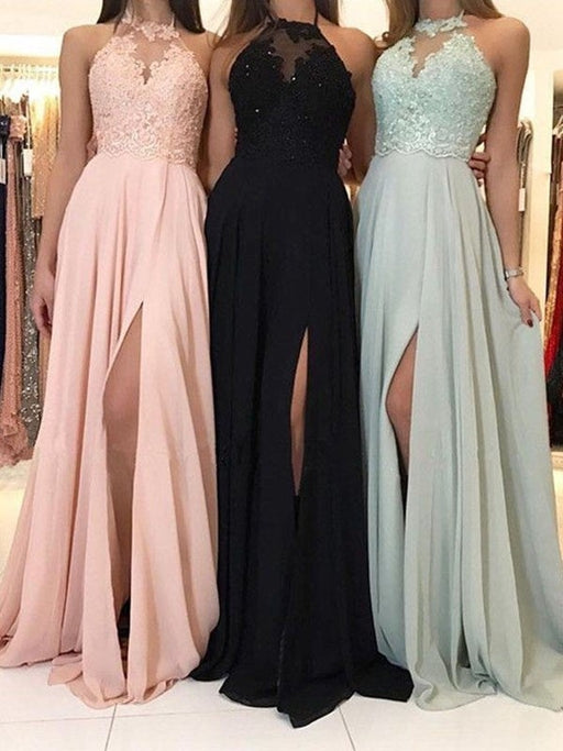 A-Line/Princess Halter Applique Sleeveless Ruched Sweep/Brush Train Chiffon Dresses - Prom Dresses