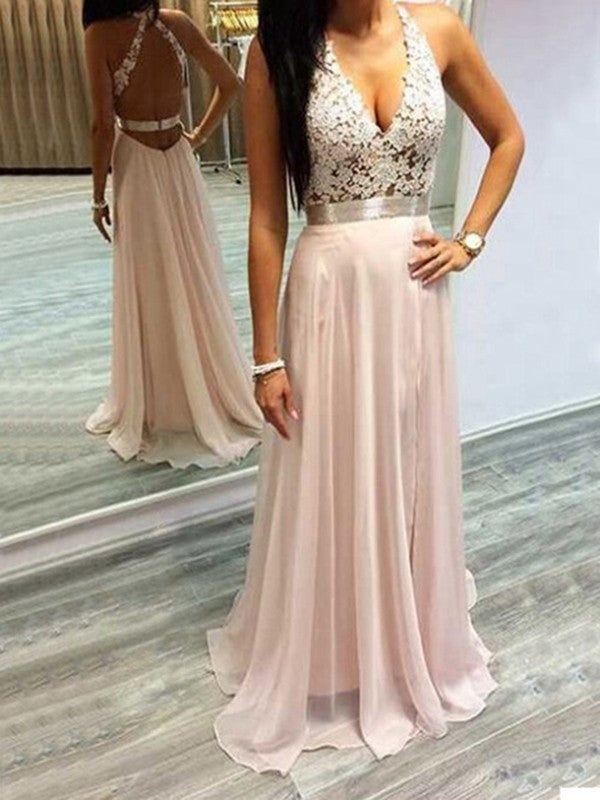 A-Line/Princess Halter Sleeveless Chiffon Lace Sweep/Brush Train Dresses - Prom Dresses