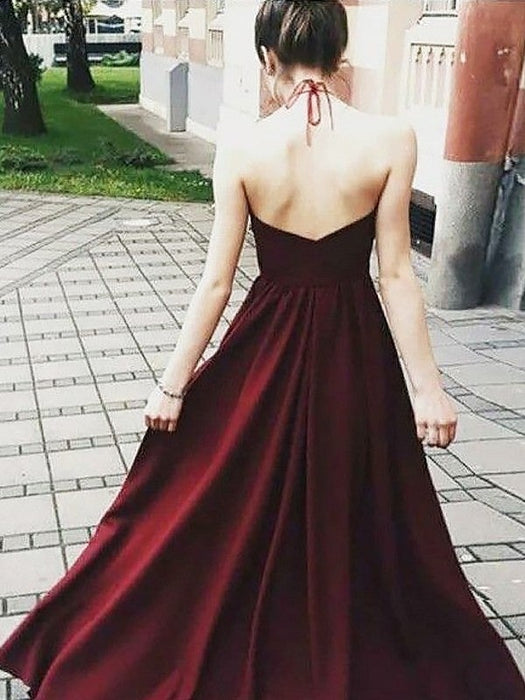 A-Line/Princess Halter Sleeveless Floor-Length Applique Elastic Woven Satin Dresses - Prom Dresses