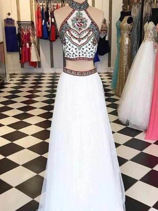 A-Line/Princess Halter Sleeveless Floor-Length Beading Net Two Piece Dresses - Prom Dresses