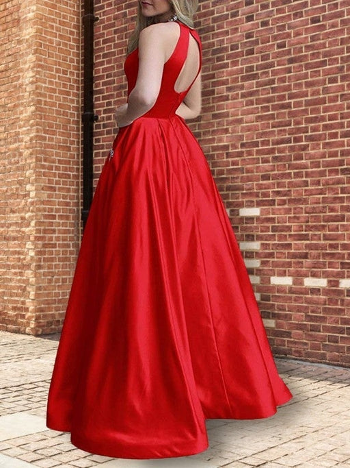 A-Line/Princess Halter Sleeveless Floor-Length Beading Satin Dresses - Prom Dresses