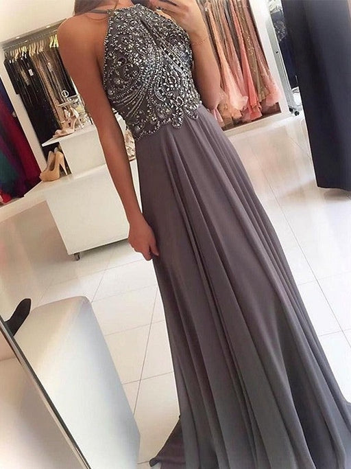 A-Line/Princess Halter Sleeveless Sweep/Brush Train Beading Chiffon Dresses - Prom Dresses