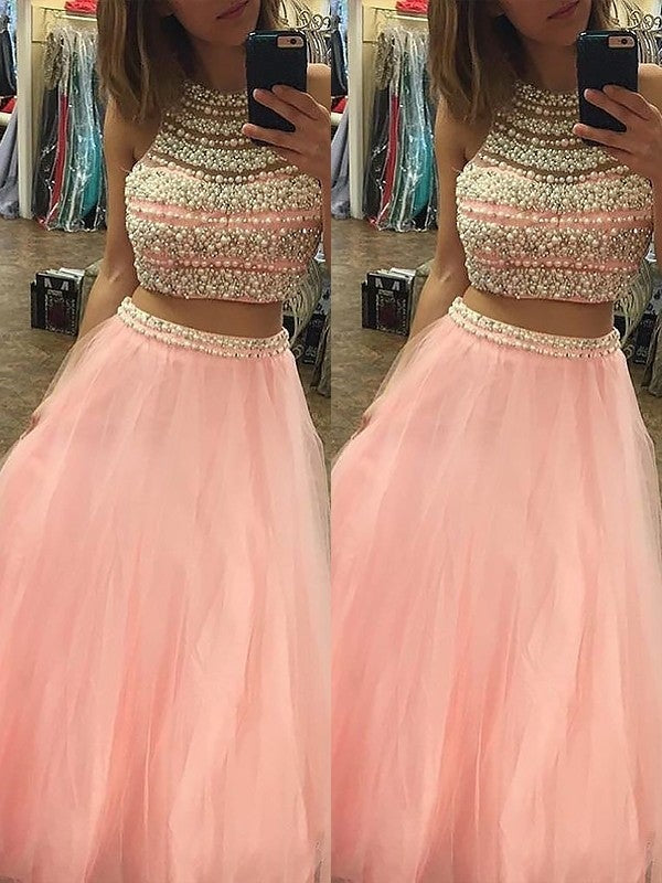 A-Line/Princess Halter Sleeveless Tulle Floor-Length Beading Two Piece Dresses - Prom Dresses