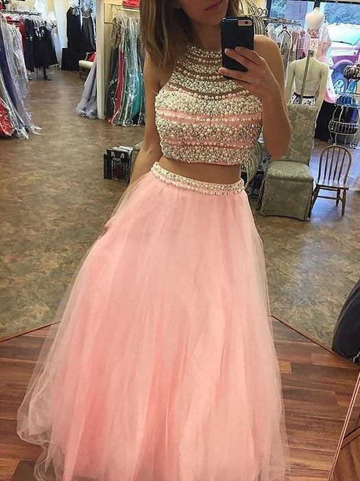 A-Line/Princess Halter Sleeveless Tulle Floor-Length Beading Two Piece Dresses - Prom Dresses