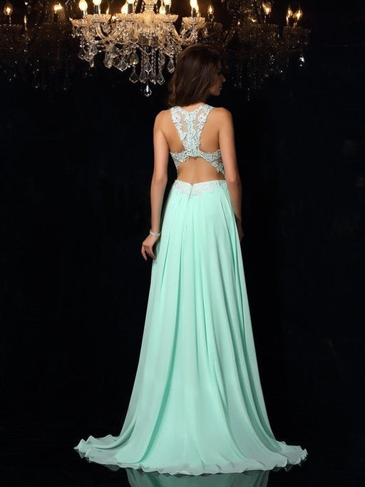 A-Line/Princess High Neck Applique Sleeveless Long Chiffon Dresses - Prom Dresses