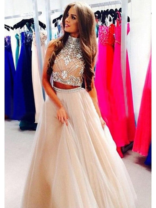 A-Line/Princess High Neck Sleeveless Beading Tulle Floor-Length Dresses - Prom Dresses