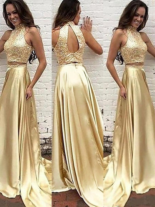 A-Line/Princess High Neck Sleeveless Satin Sweep/Brush Train Beading Two Piece Dresses - Prom Dresses