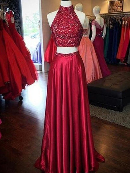 A-Line/Princess High Neck Sleeveless Silk like Satin Sweep/Brush Train Taffeta Dresses - Prom Dresses