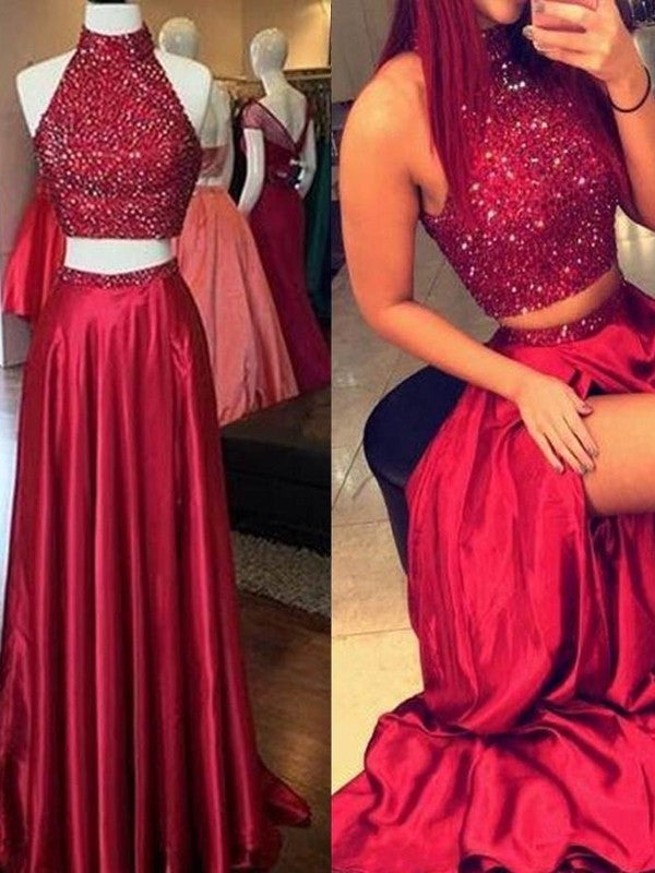 A-Line/Princess High Neck Sleeveless Silk like Satin Sweep/Brush Train Taffeta Dresses - Prom Dresses