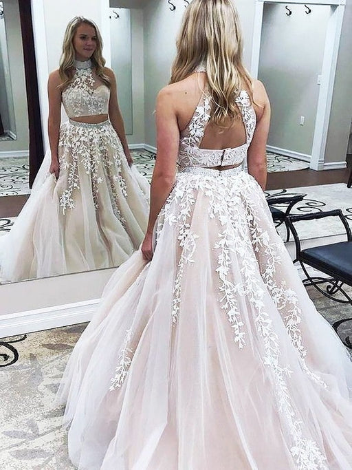 A-Line/Princess High Neck Sleeveless Sweep/Brush Train Applique Tulle Two Piece Dresses - Prom Dresses