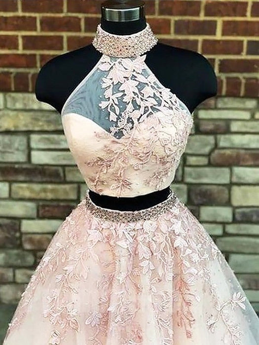 A-Line/Princess High Neck Sleeveless Sweep/Brush Train Applique Tulle Two Piece Dresses - Prom Dresses