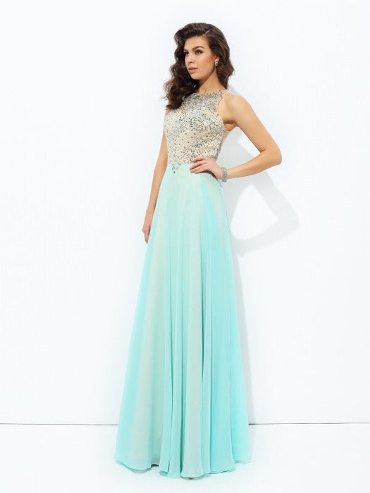 A-line/Princess Jewel Beading Sleeveless Long Chiffon Dresses - Prom Dresses