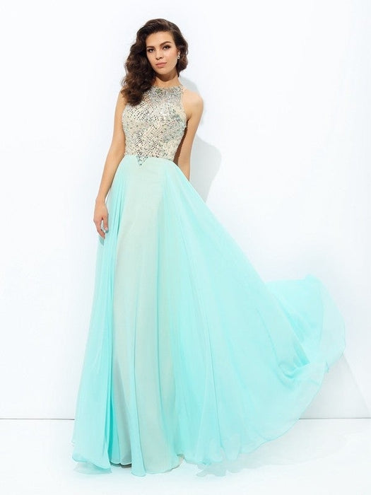 A-line/Princess Jewel Beading Sleeveless Long Chiffon Dresses - Prom Dresses