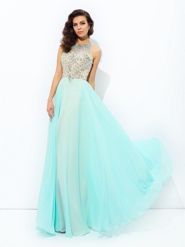 A-line/Princess Jewel Beading Sleeveless Long Chiffon Dresses - Prom Dresses