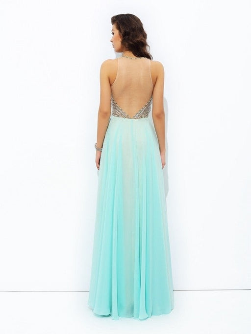 A-line/Princess Jewel Beading Sleeveless Long Chiffon Dresses - Prom Dresses