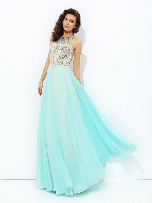 A-line/Princess Jewel Beading Sleeveless Long Chiffon Dresses - Prom Dresses