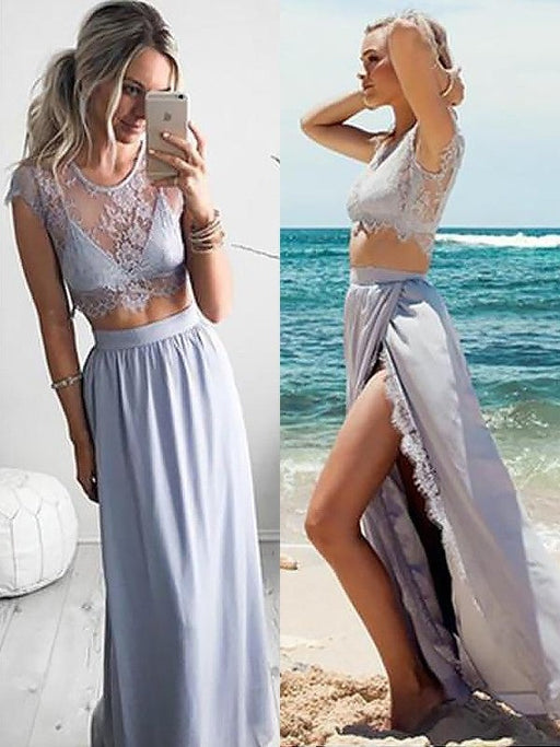 A-Line/Princess Jewel Sleeveless Satin Floor-Length Lace Two Piece Dresses - Prom Dresses