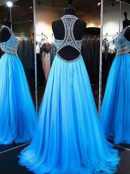 A-Line/Princess Jewel Sleeveless Sweep/Brush Train Beading Tulle Dresses - Prom Dresses