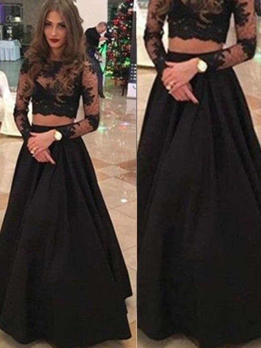 A-Line/Princess Long Sleeves Scoop Floor-Length Lace Dresses - Prom Dresses