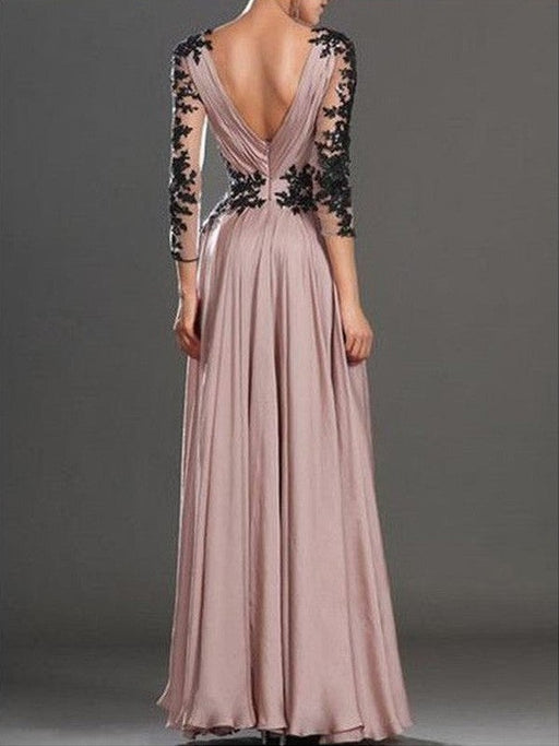 A-Line/Princess Long Sleeves V-neck Chiffon Applique Floor-Length Dresses - Prom Dresses