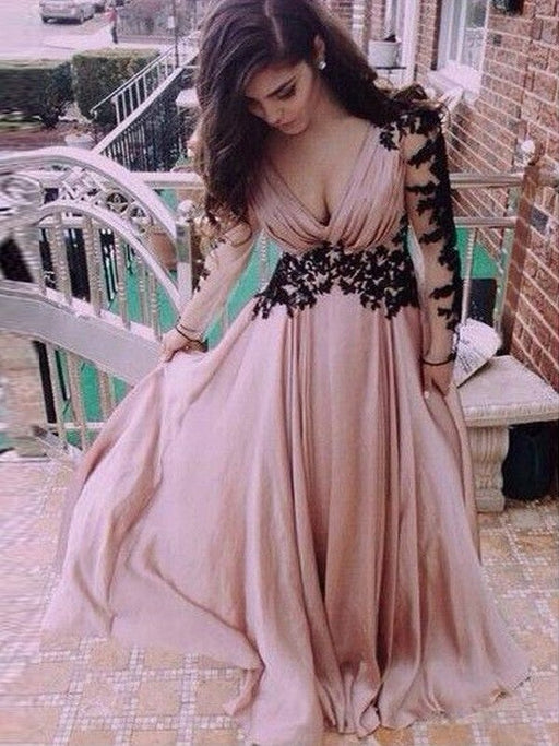 A-Line/Princess Long Sleeves V-neck Chiffon Applique Floor-Length Dresses - Prom Dresses