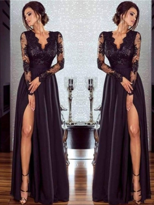 A-Line/Princess Long Sleeves V-neck Floor-Length Lace Chiffon Applique Dresses - Prom Dresses