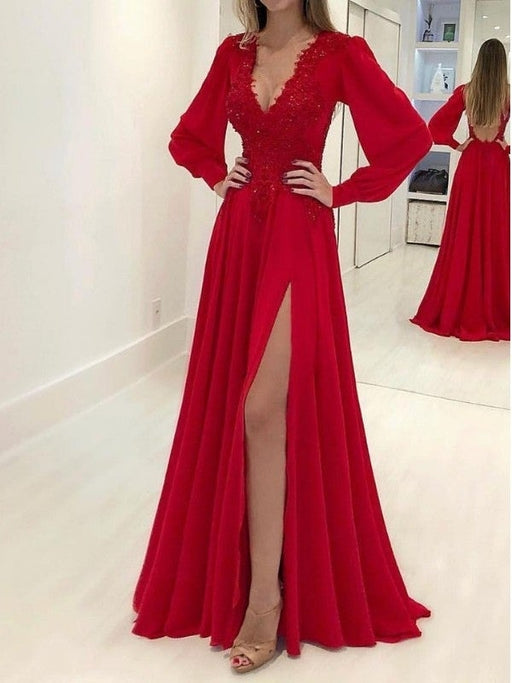 A-Line/Princess Long Sleeves V-neck Sweep/Brush Train Applique Chiffon Dresses - Prom Dresses