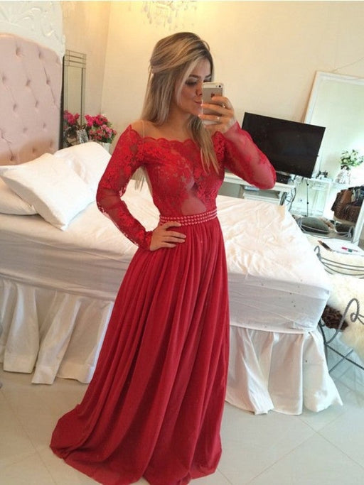 A-Line/Princess Off-the-Shoulder Chiffon Sweep/Brush Train Applique Dresses - Prom Dresses