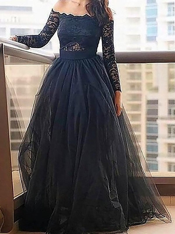 A-Line/Princess Off-the-Shoulder Long Sleeves Lace Floor-Length Tulle Dresses - Prom Dresses