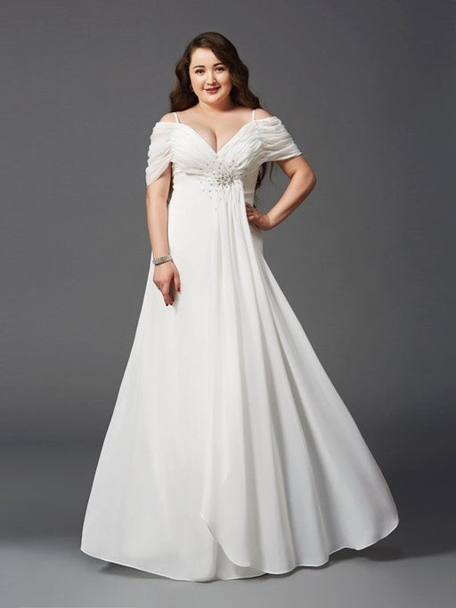 A-Line/Princess Off-the-Shoulder Ruched Short Sleeves Long Chiffon Plus Size Dresses - Prom Dresses