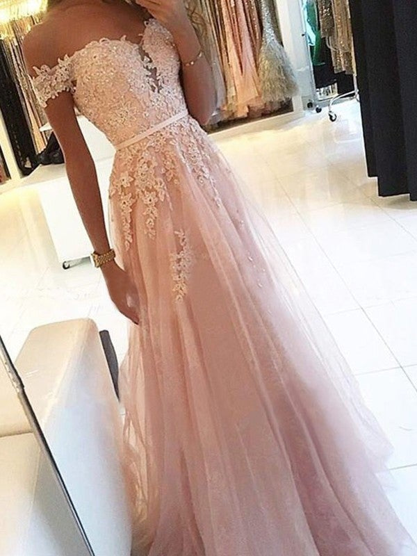 A-Line/Princess Off-the-Shoulder Sleeveless Floor-Length Applique Tulle Dresses - Prom Dresses