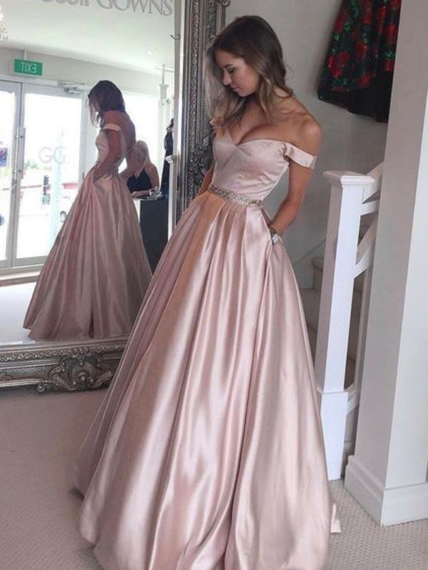 A-Line/Princess Off-the-Shoulder Sleeveless Floor-Length Satin Dresses - Prom Dresses