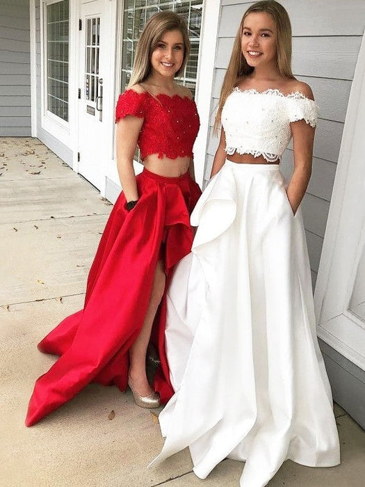 A-Line/Princess Off-the-Shoulder Sleeveless Sweep/Brush Train Lace Satin Two Piece Dresses - Prom Dresses