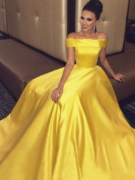 A-Line/Princess Off-the-Shoulder Sleeveless Sweep/Brush Train Ruffles Satin Dresses - Prom Dresses