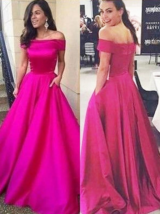 A-Line/Princess Off-the-Shoulder Sleeveless Sweep/Brush Train Ruffles Satin Dresses - Prom Dresses