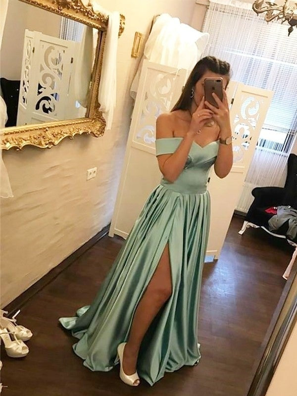 A-Line/Princess Off-the-Shoulder Sweep/Brush Train Ruffles Satin Dresses - Prom Dresses