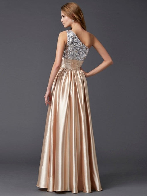 A-Line/Princess One-Shoulder Sleeveless Paillette Long Elastic Woven Satin Dresses - Prom Dresses