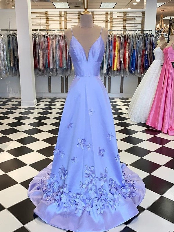 A-Line/Princess Satin Hand-Made Flower V-neck Sleeveless Sweep/Brush Train Dresses - Prom Dresses