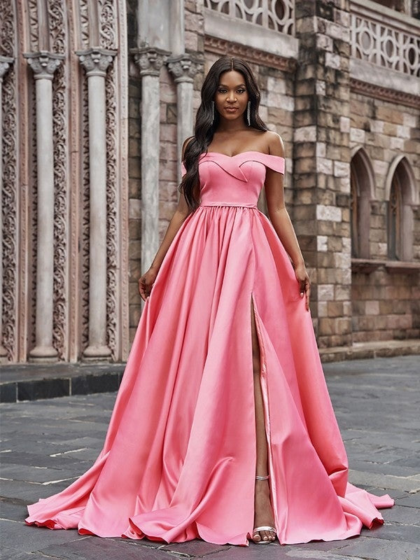 A Lineprincess Satin Sleeveless Ruffles Off The Shoulder Court Train — Bridelily 3131