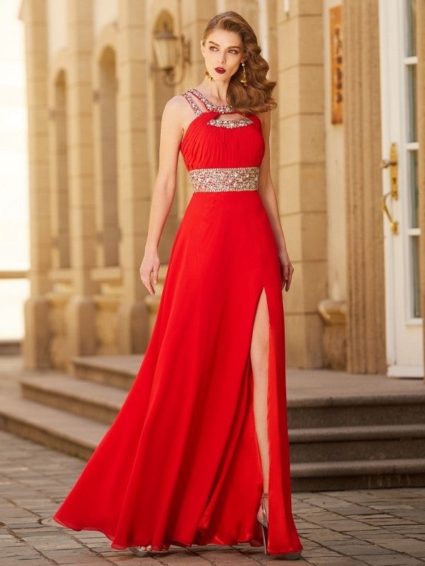 A-line/Princess Scoop Beading Sleeveless Floor-length Chiffon Dresses - Prom Dresses