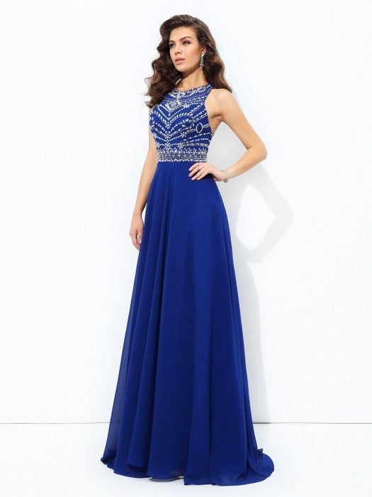 A-line/Princess Scoop Beading Sleeveless Long Chiffon Dresses - Prom Dresses