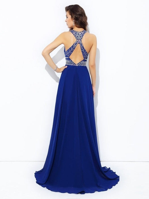 A-line/Princess Scoop Beading Sleeveless Long Chiffon Dresses - Prom Dresses