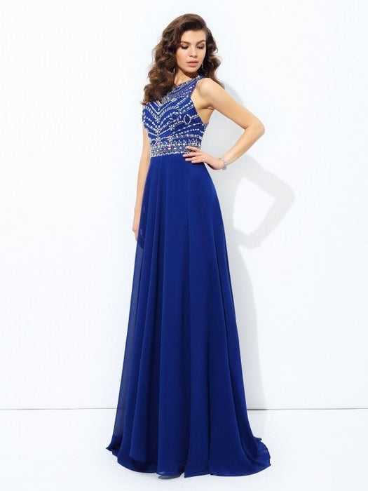 A-line/Princess Scoop Beading Sleeveless Long Chiffon Dresses - Prom Dresses