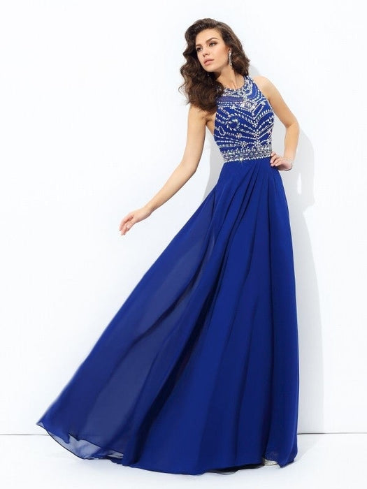 A-line/Princess Scoop Beading Sleeveless Long Chiffon Dresses - Prom Dresses