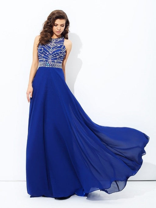 A-line/Princess Scoop Beading Sleeveless Long Chiffon Dresses - Prom Dresses