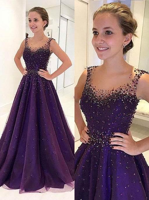 A-Line/Princess Scoop Floor-Length Tulle Sleeveless Beading Dresses - Prom Dresses